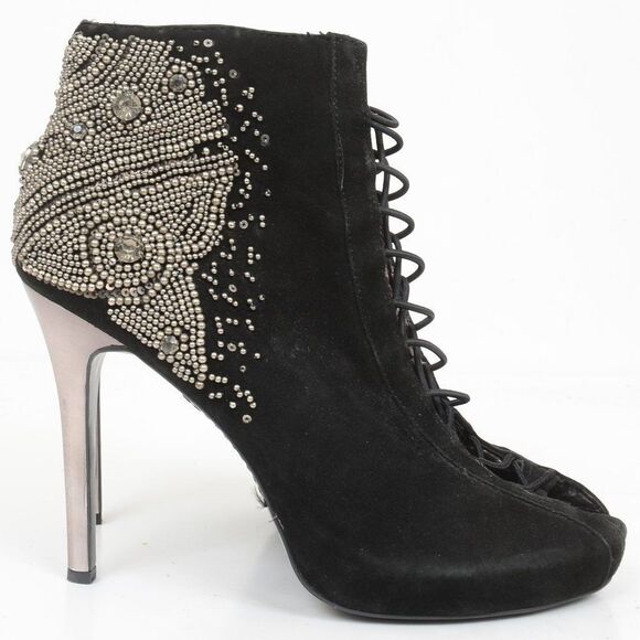 SAM EDELMAN Quantam Bling Lace Up Ankle Bootie Suede Stiletto Heel Women Size 9 - Picture 1 of 11